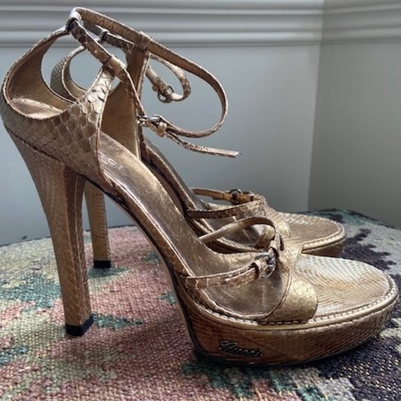 Gold Gucci Snake Skin Platform Disco Sandals Gently Used 7.5 B - Picture 1 of 8